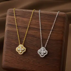 4 Leaf Clover Necklace Titanium Steel Lucky Charm Collarbone Chain Adjustable Detachable Flower Pendant Women Fashion Jewelry Gift Dainty Gold Plated