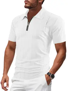 Men's Regular Fit Solid Zip Up Half Placket Sports Tee, Muscle Slim Plain Textured Polo, Casual Short Sleeve Collared T-Shirt for Summer, Fashion Men's Sportswear for Outdoor Activities