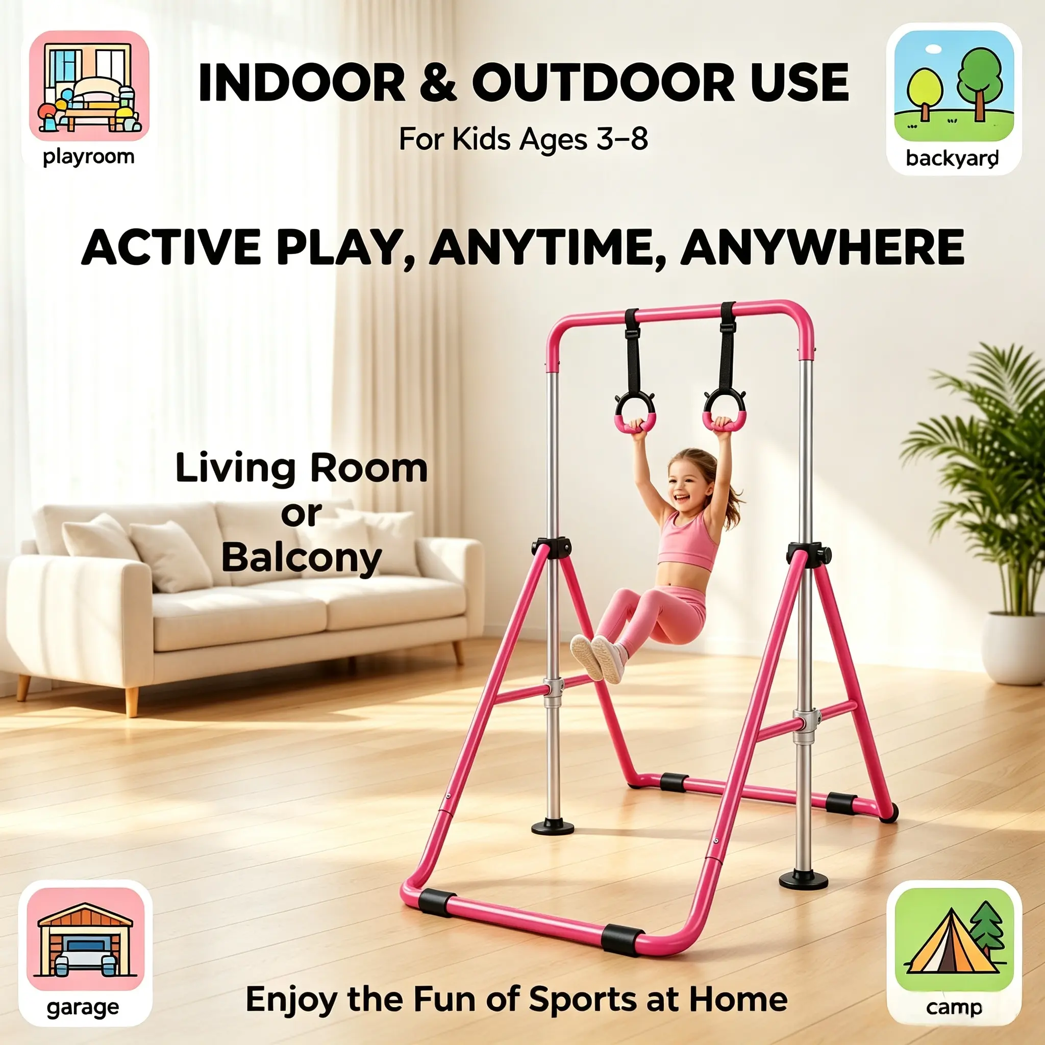 Pink Foldable Kids Gymnastics Bar with Gym Rings, Multi-Level Adjustable Height Horizontal Bar, Stable Anti-Tip Toddler Training Bar, Indoor Playground Equipment for Home, Kids Gym Equipment Ages 3-8 practice portable removable Professional Dancing