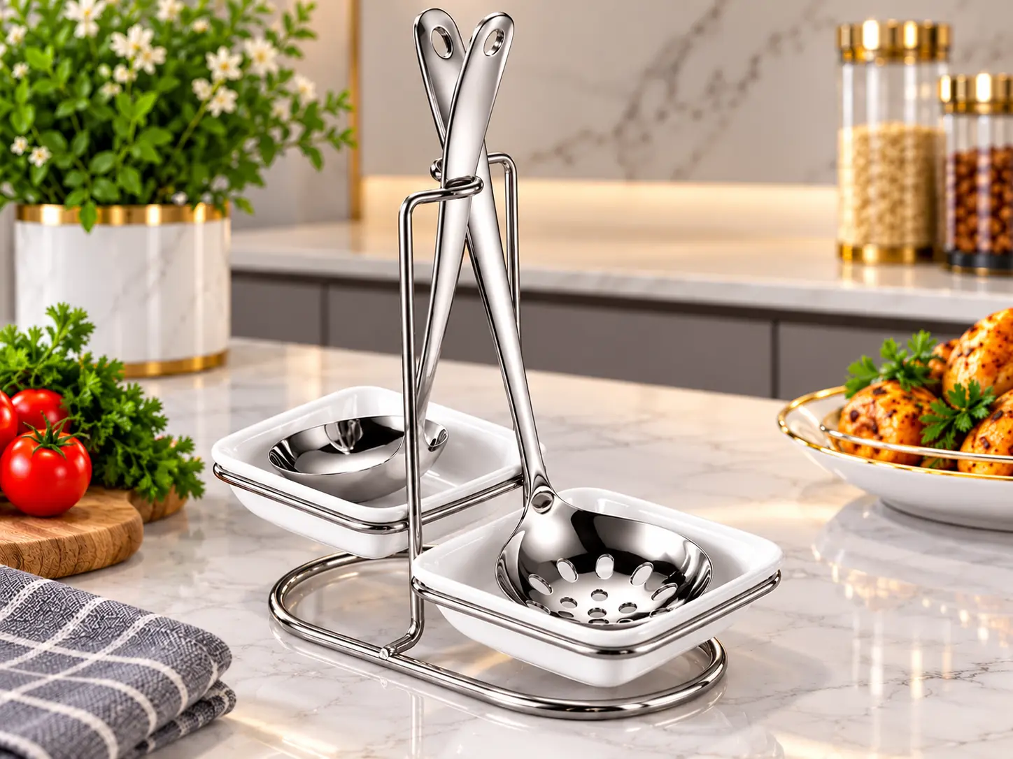 Double Golden and Silver Spoon Set with Stand, Hot Pot Soup Spoon Ladle for serving.