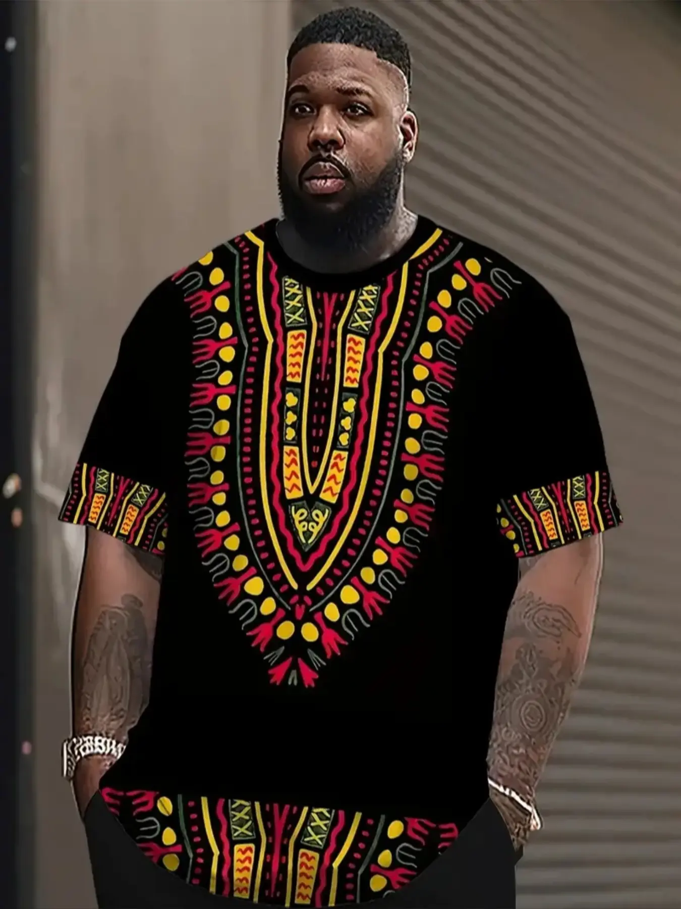 Men's Plus Size 3D Printed African Pattern T-Shirt, Loose Fit Round Neck Short Sleeve, Breathable Fabric, Casual Fashion Streetwear Tee, Menswear, Casual Trendy Tee, Multicolor, Casual Fashion Clothing