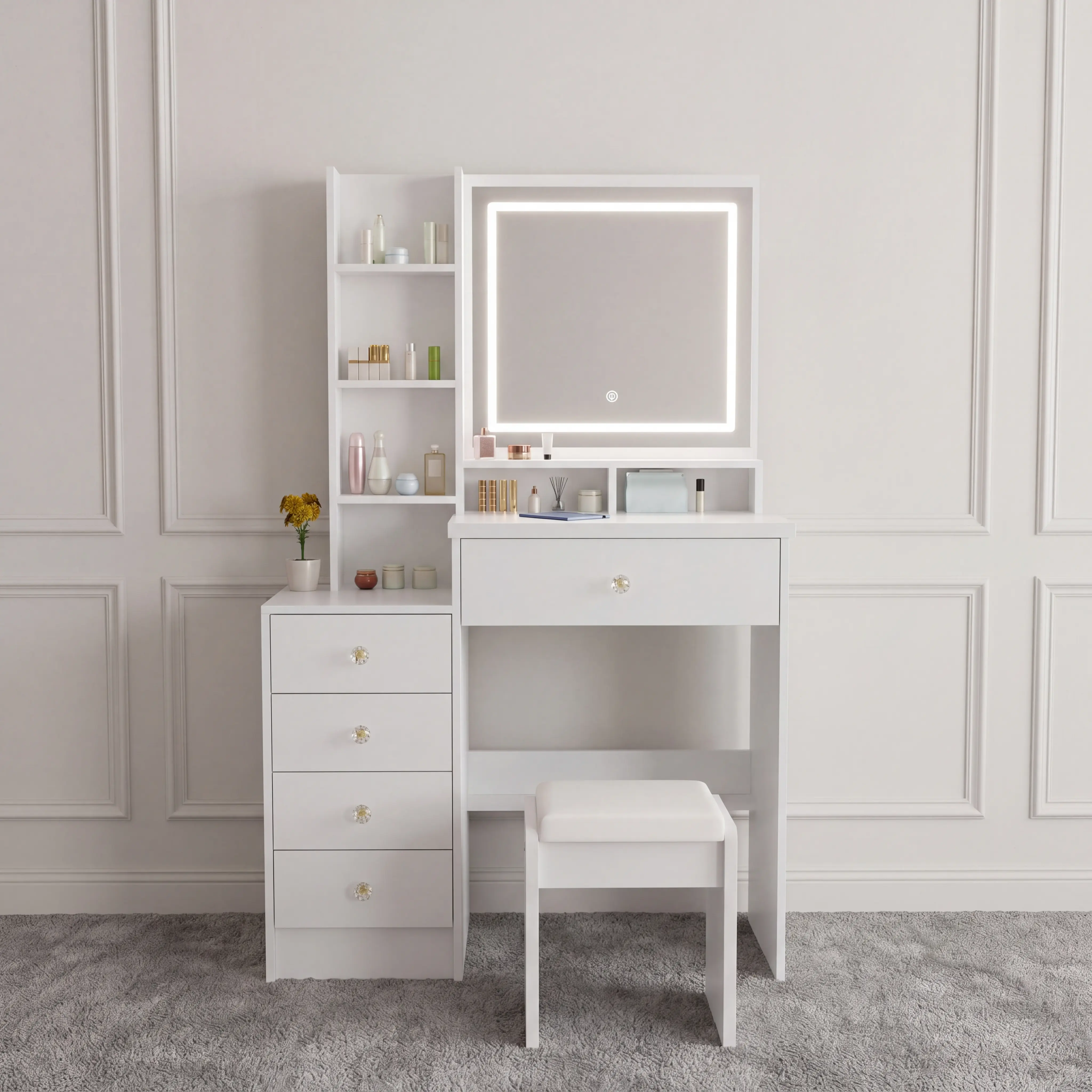 Modern Makeup Vanity with Lights - Wooden Indoor Furniture Desk Set, Dressing Table with Mirror, 3 Adjustable LED Remote-Controlled Light Modes, High-Capacity Storage, Matching Stool for Bedroom