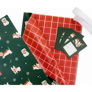 Double Sided Christmas Wrapping Paper and Ribbon Set with Tags -   wrap, Red Plaid Sheets - Frenchie Christmas