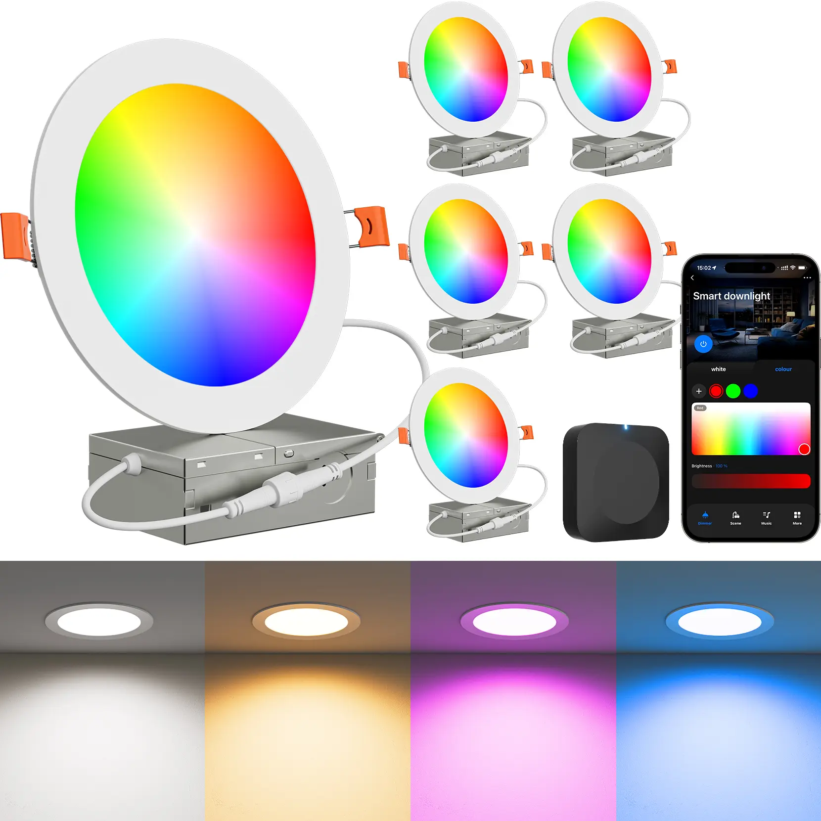 CINOTON 6-Pack 6-Inch Wi-Fi Canless Recessed Lighting with Gateway & Junction Box, 16W RGB Color Changing (2700-6500K) Dimmable Downlights Compatible with Alexa & Google Assistant