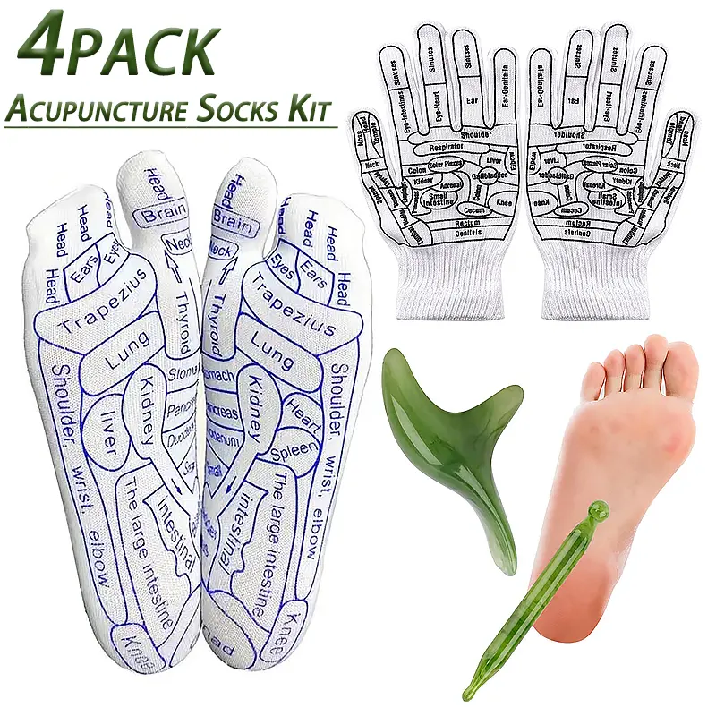 4Pcs Reflexology Socks Set with Tools & Gloves Unisex Pressure Point Socks for Foot Massage Acupuncture Kit for Total Relaxation and Relief