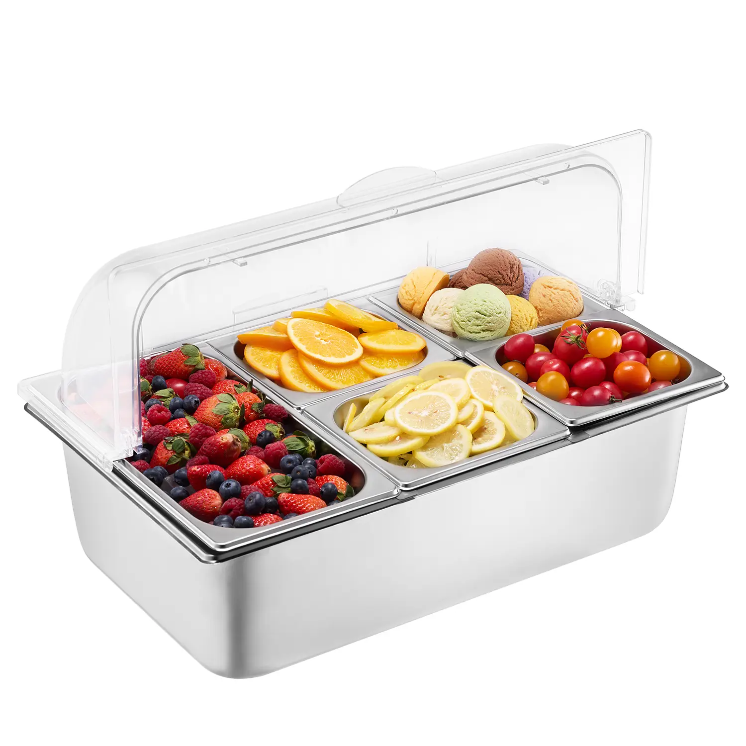 【DealsForYouDays】VEVOR Countertop Food Serving Display Container 5 Pan Stainless Steel Food Serving TrayBuffet Condiment Dispenser Display Rack with Clear Lid & 3 Freezer Boxesfor Restaurant Hotel Kitchen Party