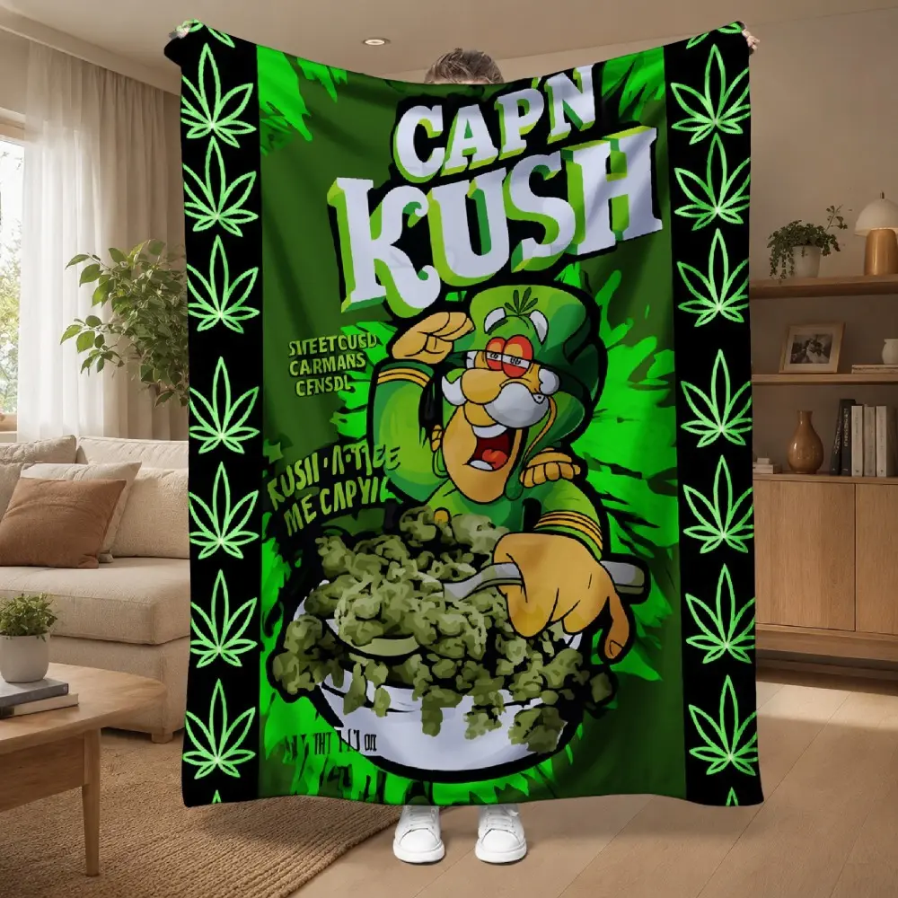 Funny Captain Kush Weed Blanket, Cannabis Leaf Cartoon Throw Blanket, Soft Flannel Fleece Blanket for Couch Sofa Bed, Green Stoner Aesthetic Room Decor, 420 Gift for Cannabis Lovers, Marijuana Leaf Pattern Blanket, Funny Weed Lover Gift