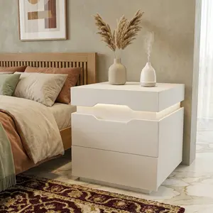 Drawer-Equipped Contemporary Dual-Use Flat-Top Bedside Table (Nightstand) with 20 RGB LED Lights, Charging Station, Plug Outlets, 2 USB Ports, 2 Drawers & Top Storage Space, Drawer-Equipped Bedside Tables, Contemporary Bedside Tables