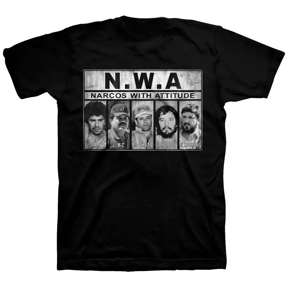 Women's N.W.A Narcos With Attitude Cotton Short-Sleeve T-Shirt - Vintage Mugshot Graphic, Gangster Rap Streetwear, Outlaw Culture Inspired - Bold Retro Menswear Statement Top, Breathable Denim Fabric Day Casual, Layer