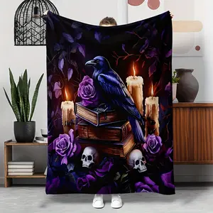 Horror-themed Blanket Gothic Raven & Skull Floral Print Flannel Blanket - Purple, Black, and White Design with Candles and Roses, Perfect for Home, Camping, and Travel, All-Season Use, Camping Accessory | Gothic Theme |
