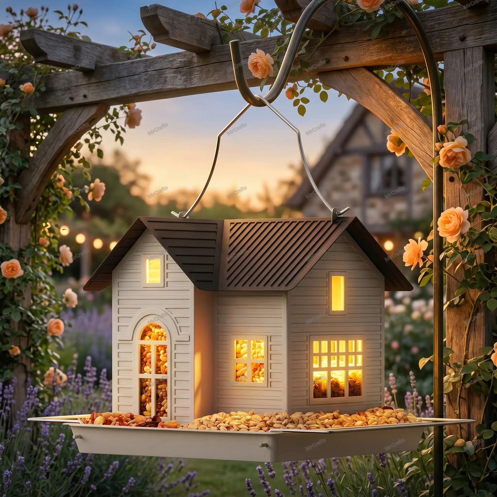 MrCrafts Solar Bird Feeder, 7.4" × 6.69" × 6.37", Hanging Metal Bird House feeder with Solar Lights, Outdoor Solar Lantern, Garden Decor for Outside, Unique Gifts for Mom, Grandma, Summervi summeressentials