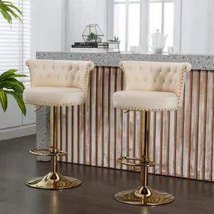Set of 2 Modern Swivel Bar Stools, Adjustable Counter-Height Gold Upholstered Tufted Velvet Bar Chairs with Backs for Kitchen Island, Beige Counter Stools