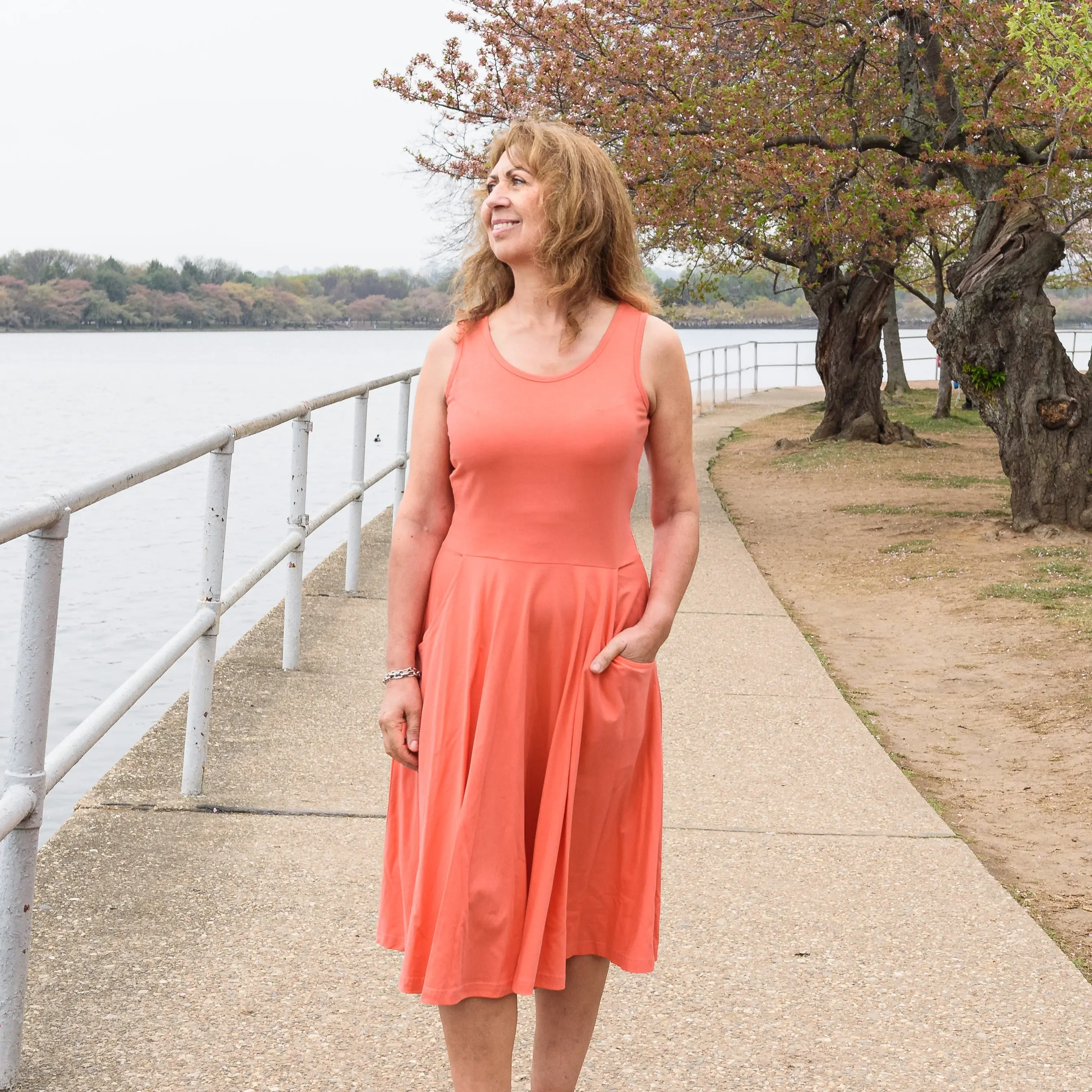 Living Coral Twirl Dress with Pockets