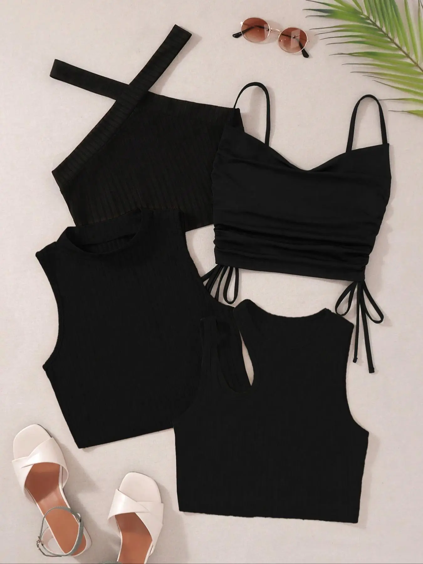 4-piece pack black ruched slim fit sleeveless camisole tops for women, pure seduction style basic design, figure-flattering short length trendy crop tops for dating and party outfits, Casual Summer Sleeveless Crop, Casual Comfy Cami