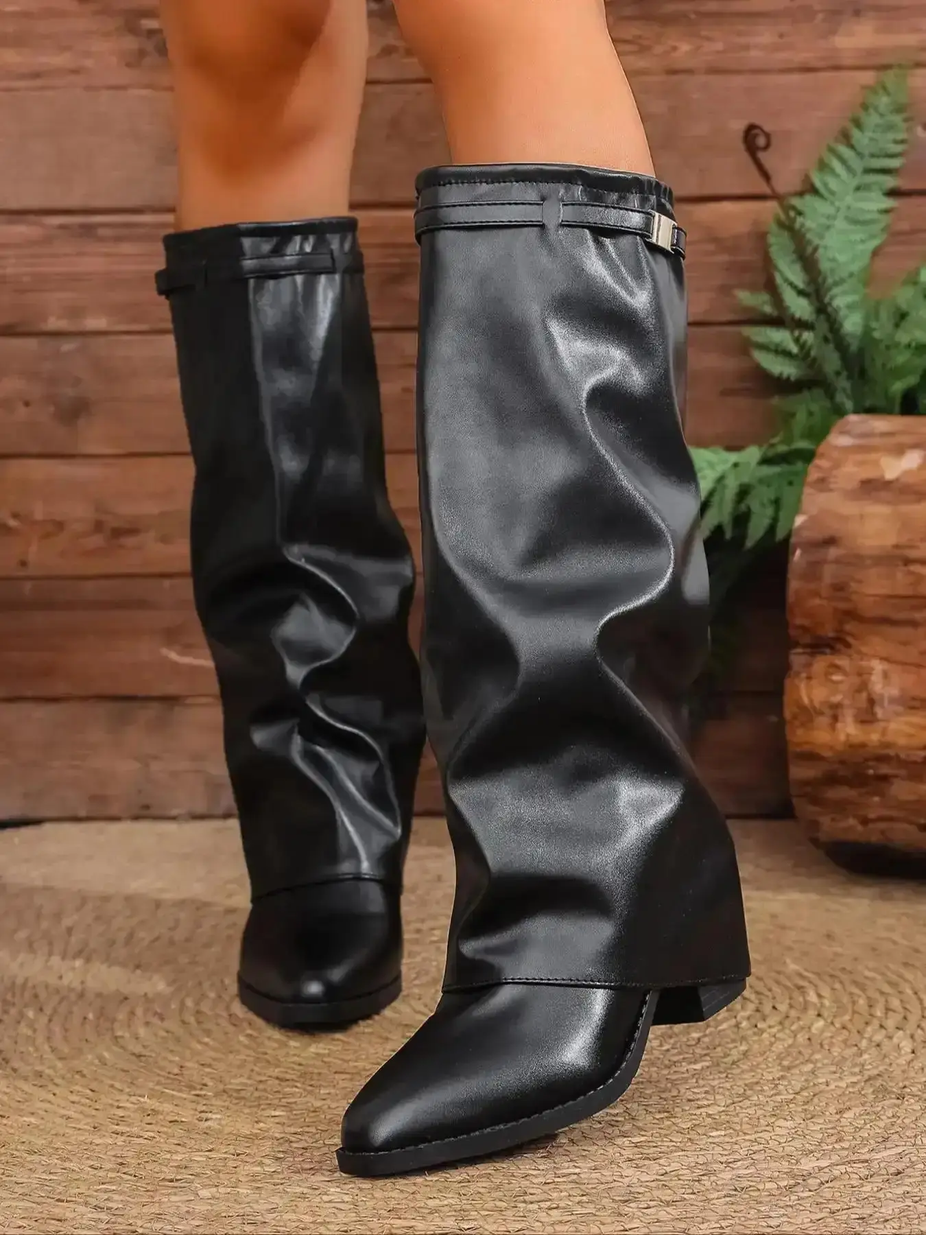 Women's Leather Foldover Shark Buckle Knee-High Pointed Toes Boots Fashion Dress for Trendy Women Durable Comfortable warm protection traction rugged cold weather lace up practical hiking style mid calf Trendy Sandals