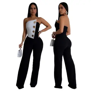 two-piece set woman Fashion Color Block Elegant Button Strapless Sleeveless Irregular Girl Jumpsuits 2025 Women Overalls Party Club One Piece Outfit