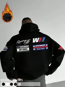 Men's Nascar-Inspired Hooded Long Sleeve Sweatshirt, Geometric Graphic Sportsmanship & Racing Patches Design, Warm Street Casual Style Sweater for Car Enthusiasts, Lounge and Daily Outfits, Casual Streetwear