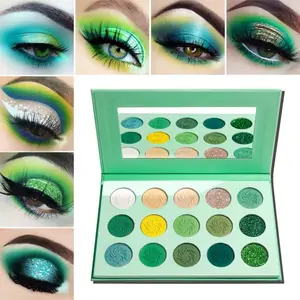High Pigment Long Lasting Eyeshadow Palette - 15 Colors with Green Eyeshadow Design, Includes 3 Packs of Eyeshadow Patches