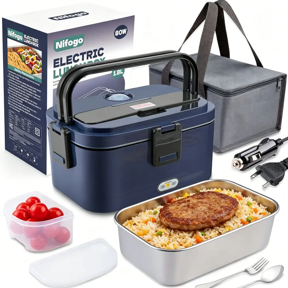 Outdoor Picnic Camp Time Adjustable Electric Lunch Warmer Vessel Fast Heat 304 Stainless Steel Liner Portable Carry Bag With Silverware Utensil Complete Set
