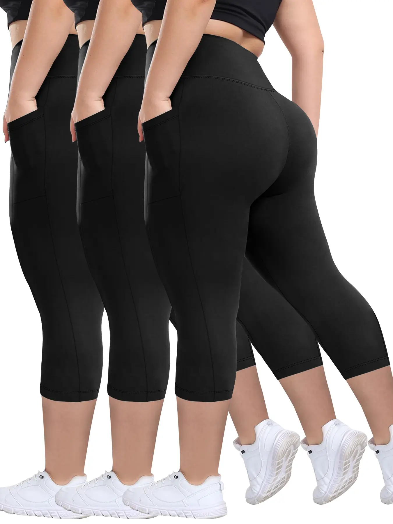 Plus Size Plain Pocket High Waist Capri Leggings, High Waisted Yoga, High Waisted Sportswear, High Waist Activewear, Casual Comfy Breathable Capri Pants for Daily Wear, Women's Plus Bottoms for Summer, Workout Clothes, Fitness Bottoms