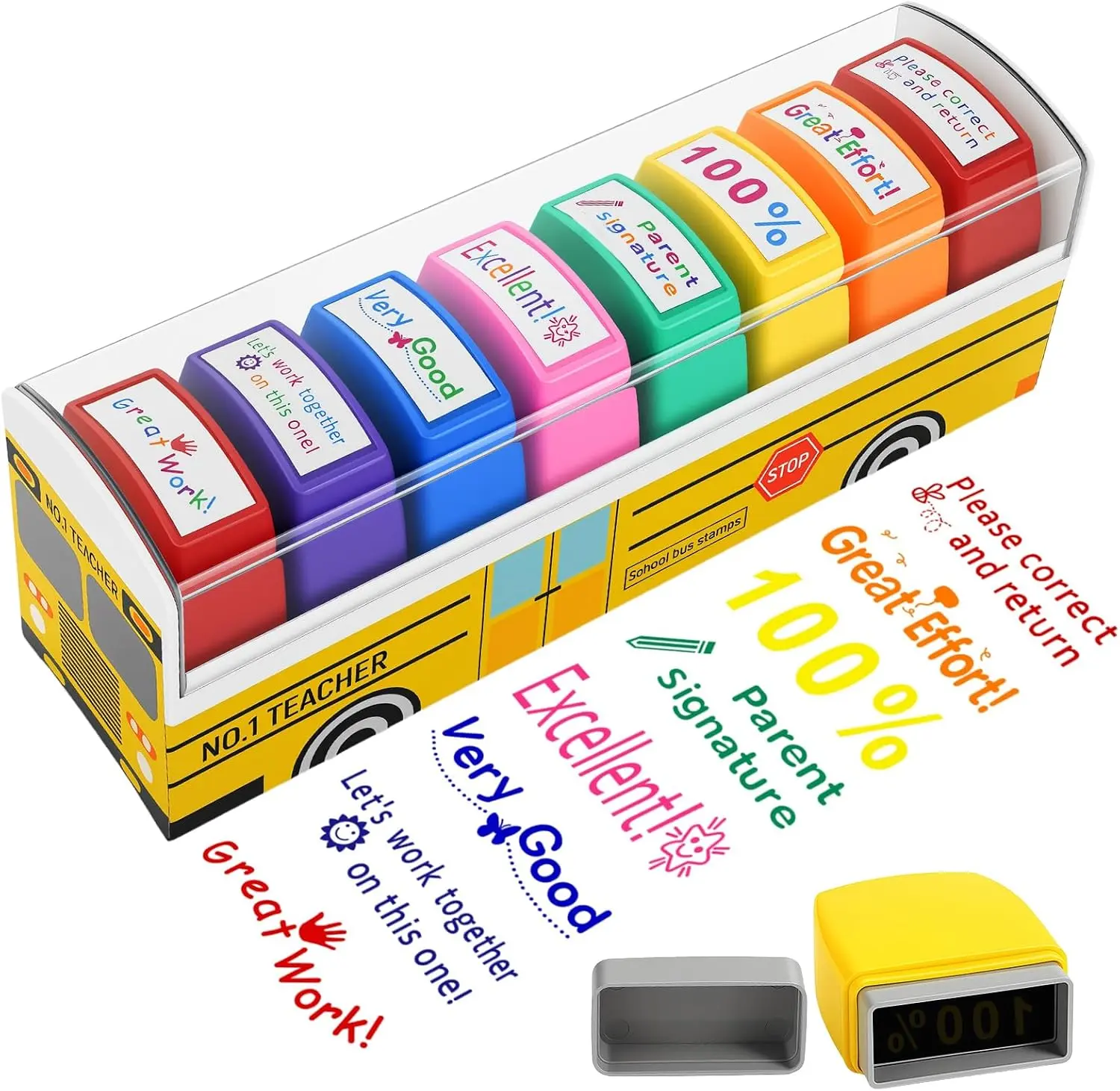 Teacher Stamps for Grading Classroom, New Teacher Appreciation Gifts, Self-Inking Motivation Great Job Parent Signature Stamp for Homework Must Haves, Teacher Supplies (8 Pcs) Zeokiar