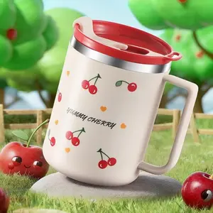New Cute Cherry Stainless Steel Insulated Cup, Coffee Mug, Breakfast Cup, Tumbler, Suitable for Home, Office, School Use