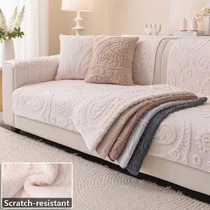 1PC Bohemian Chenille Sofa Cover, Solid Color Plush Leaf Design, Scratch-Resistant, Non-Slip, Dustproof, Stain-Resistant, Hair-Repellent & Pet-Friendly, Suitable for 1/2/3/4-Seater Sofas, All-Season Living Room Sofa Cover, Machine Washable, Sofa Slipcover