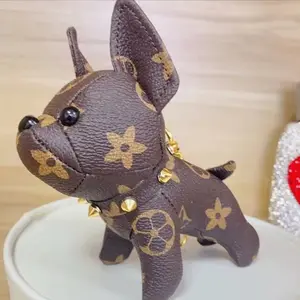 Premium Monogram Leather Puppy Bag Charm - French Bulldog Luxe Keychain Accessory for Bags, Keys, & Shelf Display