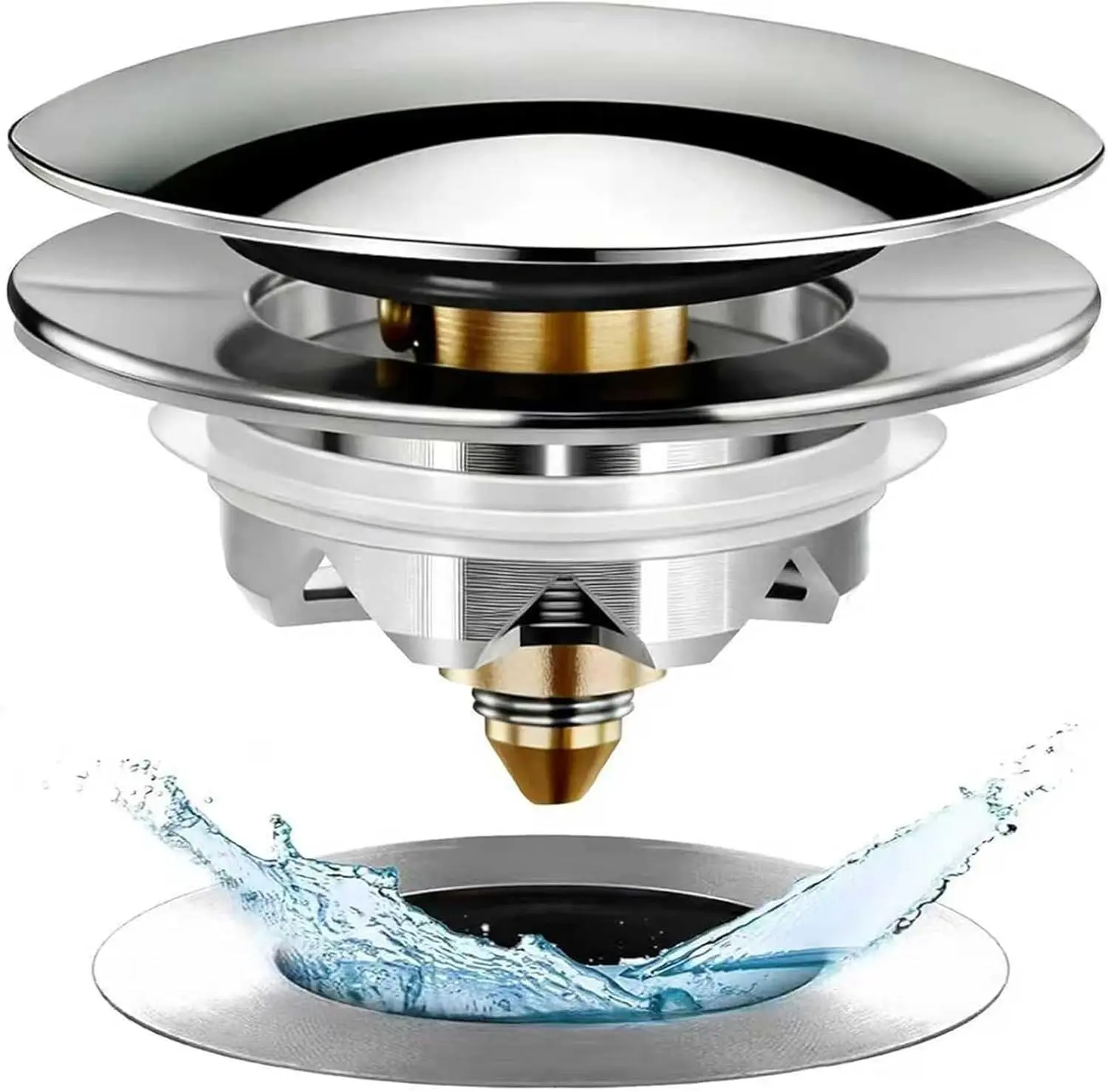 Bathtub Drain Stopper, Pop Up Tub Stopper and Cover, Bottom with Hair Catcher, Universal for 1.45 to 1.8 in Drain, Replaces Old Drain Plug, Chrome Silver