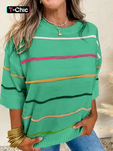 Women's Multicolor Striped Drop Shoulder Half Sleeve Knit Sweater, Casual Round Neck Ribbed Pullover for Daily Wear
