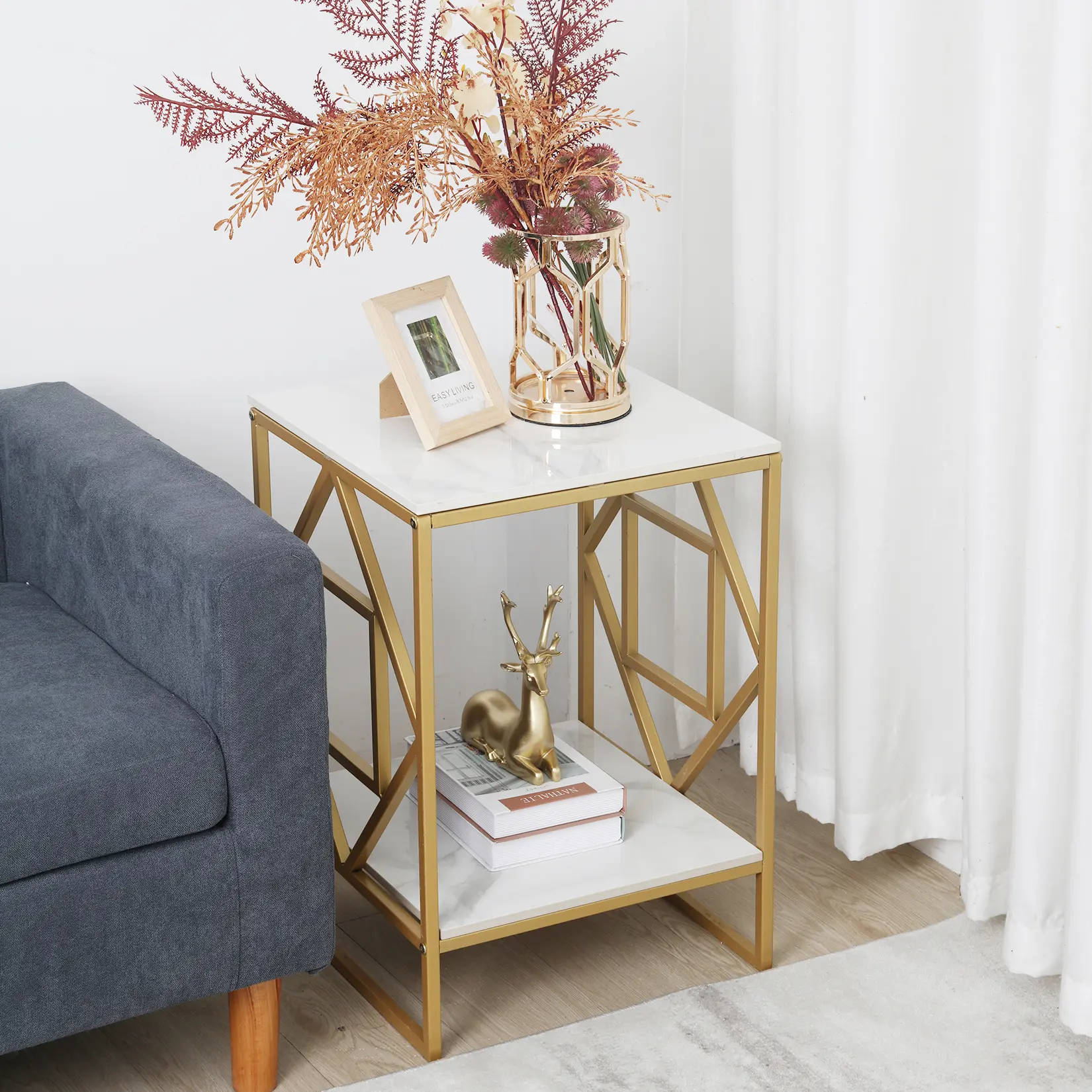Modern Scandinavian 2-Tier Indoor Furniture Table - Compact Decorative Metal Living Room Furniture with Smooth Stone Top Wipes Clean Easily, Scratch-Resistant, 40x40x58cm Home Decor Side Table, Modern Sofa Table
