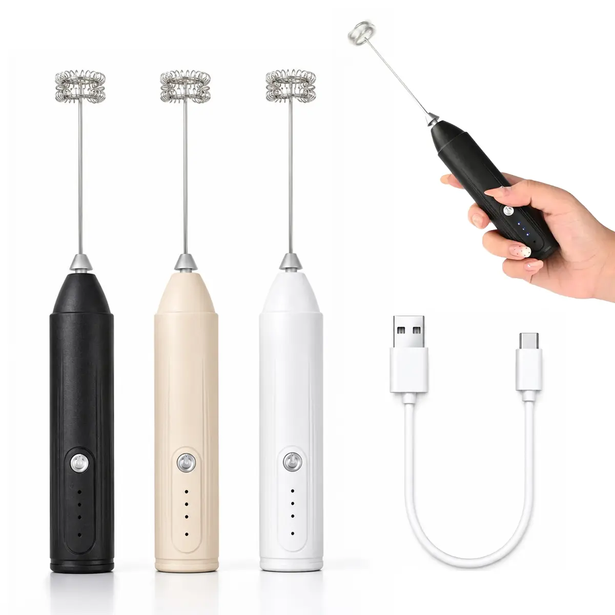 Handheld Electric Rechargeable Milk Frother with Stainless Steel Dual Coil Whisk Head, USB-C Portable Mixer Wand for Coffee, Latte, Easy Cleaning Home Appliance