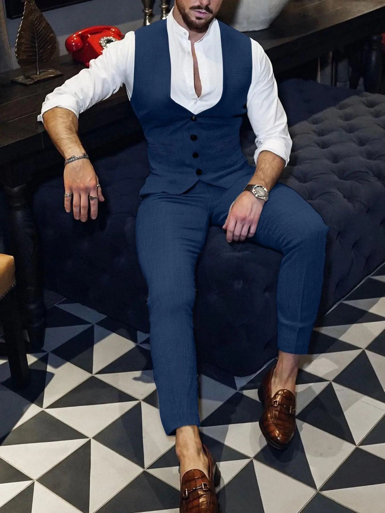 Men's Solid Color Button Design Suspender Pants Two-Piece Set, Slim Business Formal Pants Set for Work Office, Men's Clothing for All Seasons, Menswear