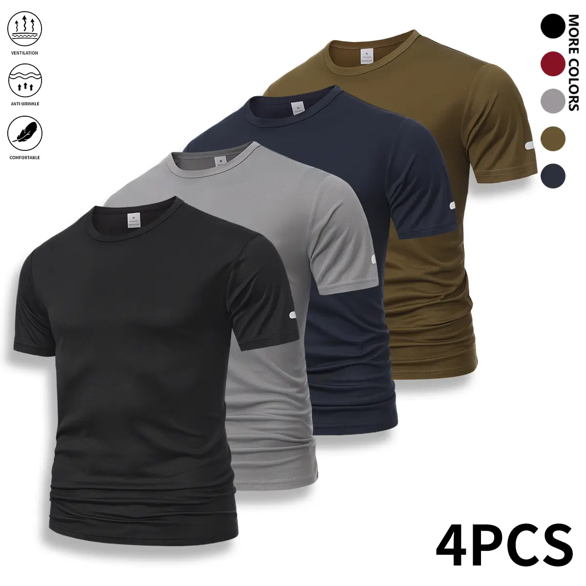 Men's Casual Crew-Neck Polyester Knit T-Shirt, Short-Sleeve Solid Athletic Apparel, Breathable Quick-Drying Sportswear for Workouts, Running, Cycling