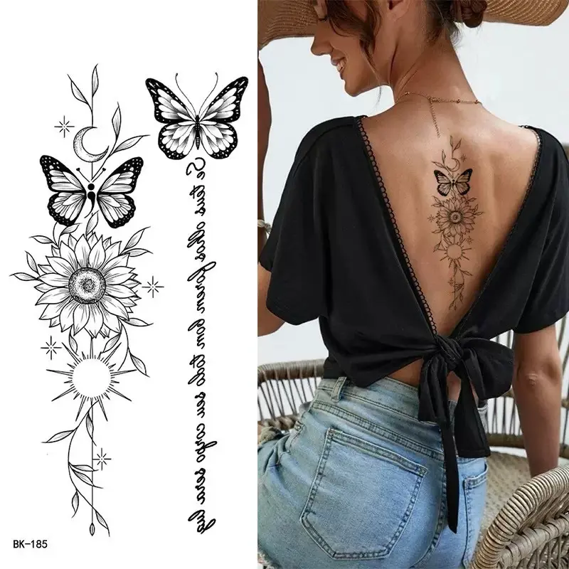 Waterproof Temporary Tattoo Sticker, Line Butterfly Sunflower Flower Leaf Totem, Body Art for Women Men, Peel off Tattoo