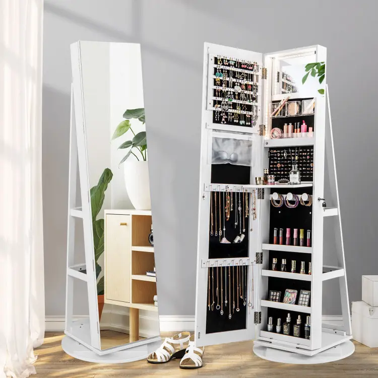 COSTWAY 360° Swivel Jewelry Armoire with Full Length Mirror, Rear Storage Shelves, Lockable Standing Jewelry Cabinet Organizer with Interior Vanity Mirror and 3-Color Lights -costst