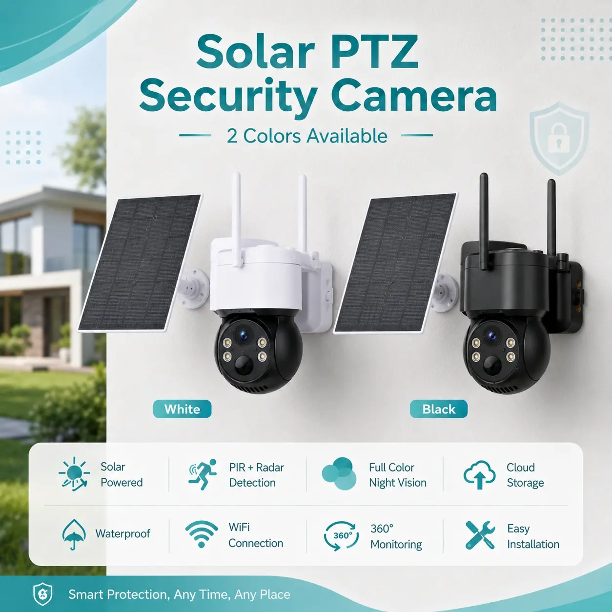 Solar Powered PTZ Security Camera with Monitor - Wireless Outdoor Wi-Fi Camera, Remote Access, 360° Viewing, Solar Outdoor Lighting, Motion Detection, Full Color Night Vision, Built-in Battery, Easy Installation (White/Black)