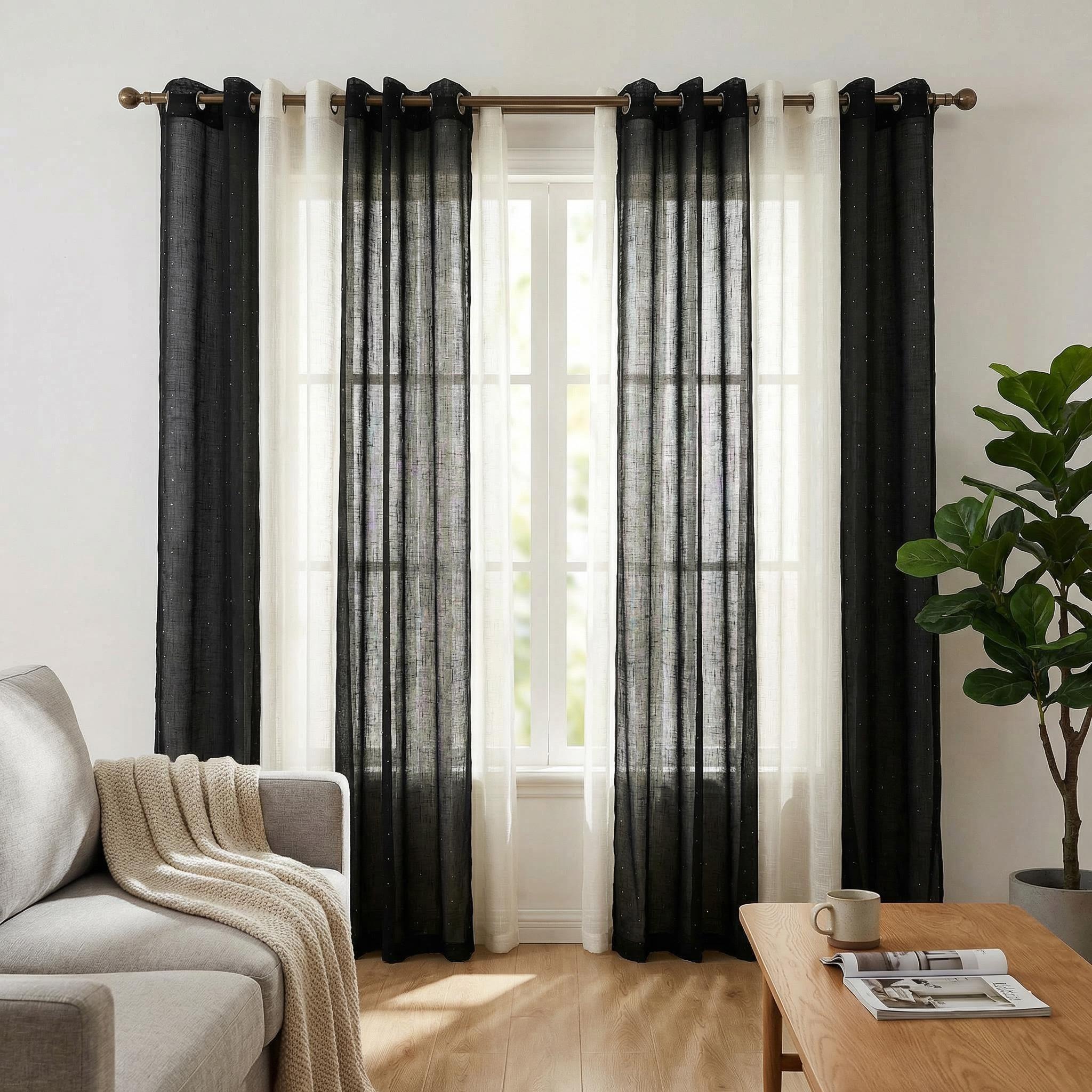 Curtain Club 8 Panels 34X84 Inch Diamond Beaded Twill + Full-Length Chiffon Curtain Set. Each style contains 4 pieces. All are plain chiffon fabric, translucent, with iron rings, woven, rod type, FT2930 + L12
