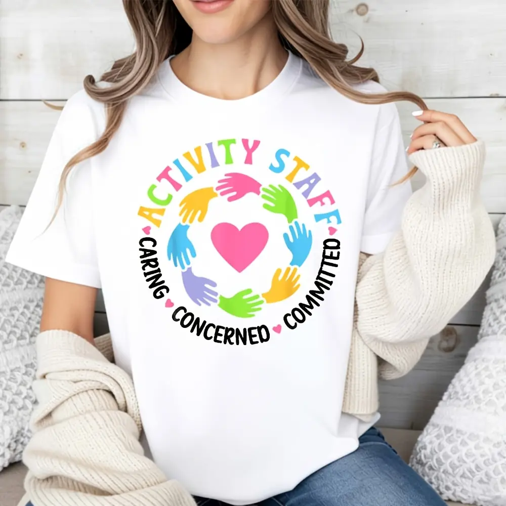 Colorful Activity Staff Heart Hands Design, Women's T-Shirt, Caring Concerned Committed Theme, Casual Wear, Gift For Volunteers