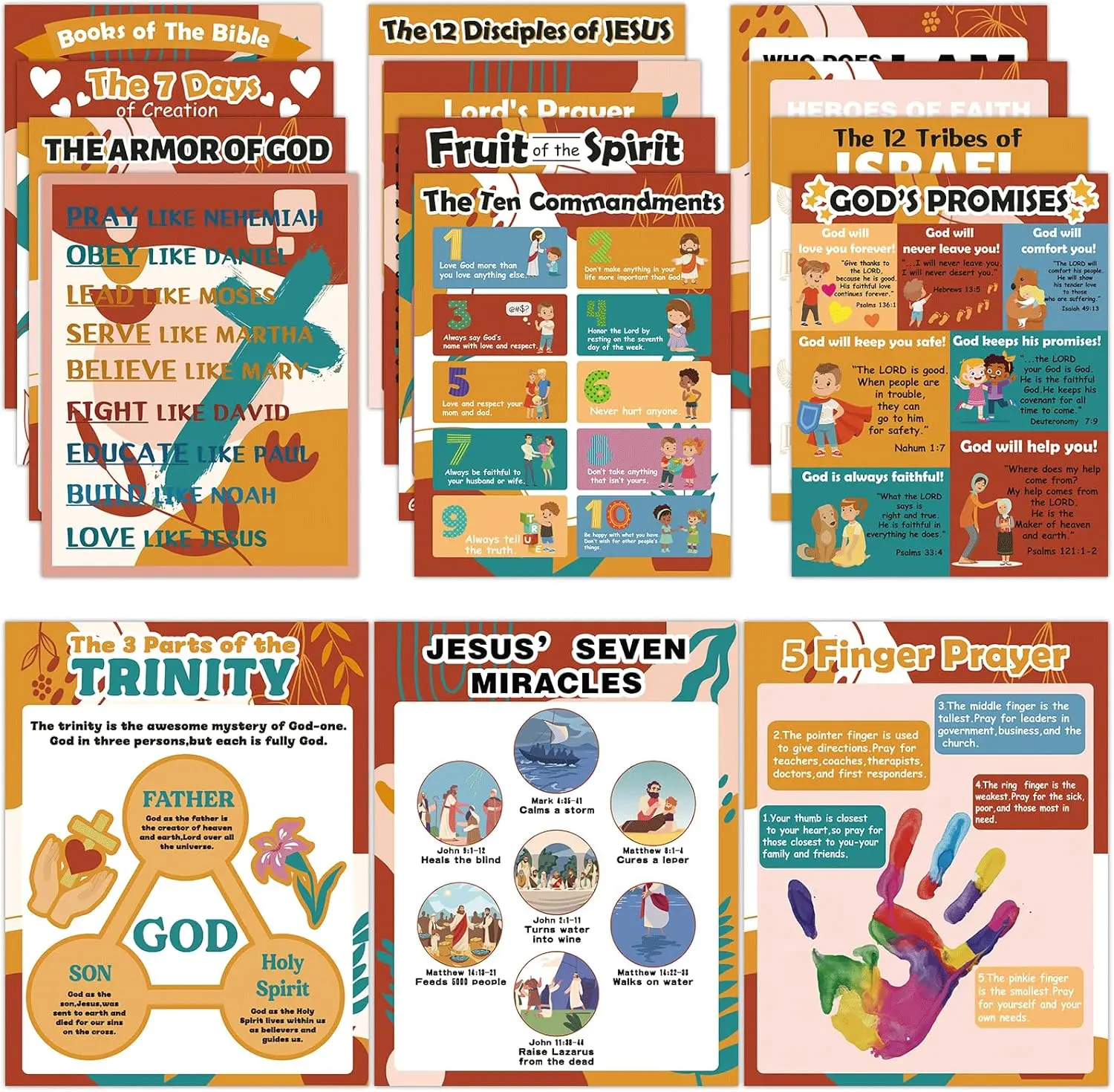 Boho Bible Posters for Classroom Religious Posters 14 x 11 in Groovy Books of The Bible Bulletin Board Ten Commandments Poster Christian Wall Decor for Sunday School VBS Decorations Supplies