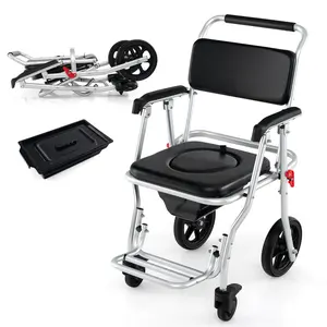 COSTWAY - 4-in-1 Foldable Bedside Commode Chair with Brakes and Bucket and Footrest