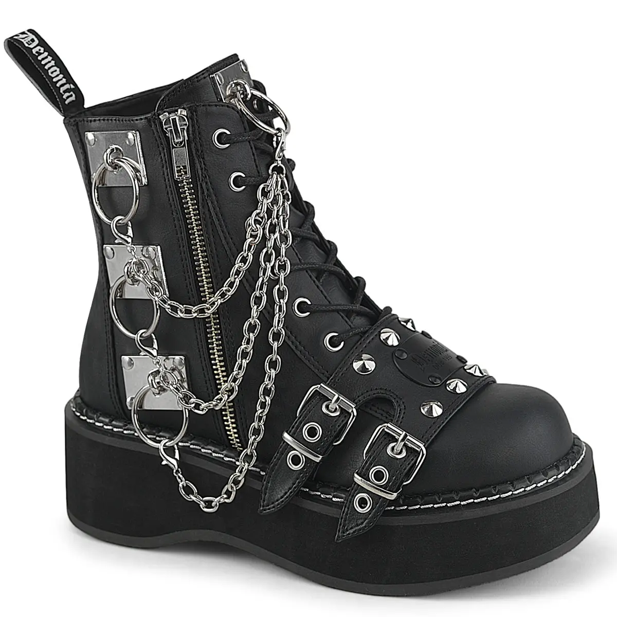 Demonia Emily-57 Women's Lace-Up Platform Ankle Boot with Demonia Branded Buckle Shield Straps