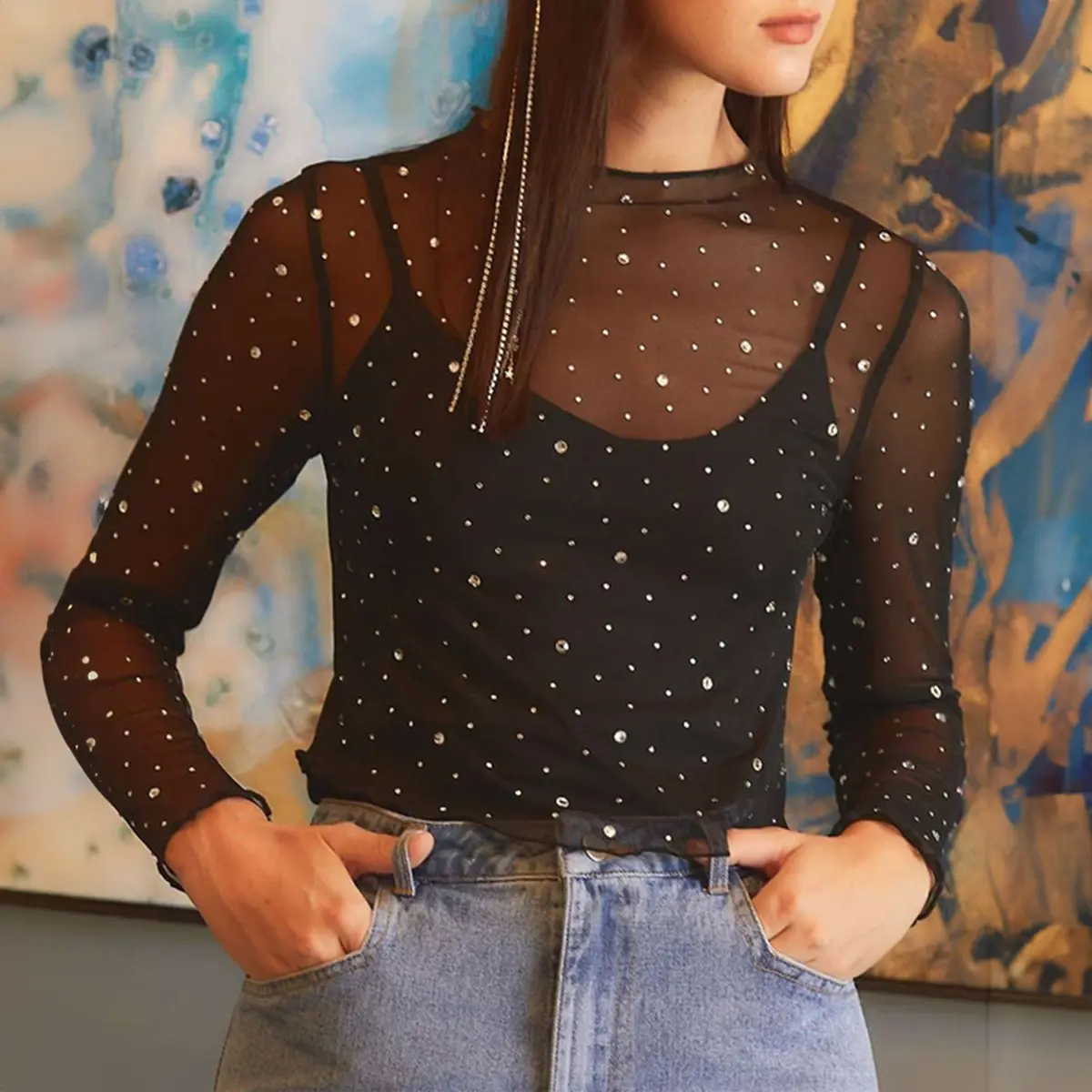 Women's Sheer Mesh Blouse, Rhinestone Shimmer Long Sleeve Mock Neck, Stretchy Slim Fit for Evening Parties, Polyester, Elegance, Light, Casual, Soft, Fabric, Lady, Glitter Finish, Breathable