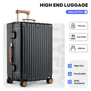 Premium 20/22 Inch Multifunctional Carry-On Luggage Set, Aluminum Frame Hard Shell Suitcase with TSA-Approved Lock, USB Charging Port, Cup Holder, Silent 360° Spinner Wheels for International Travel, Back-to-School, Multifunctional Luggage Set