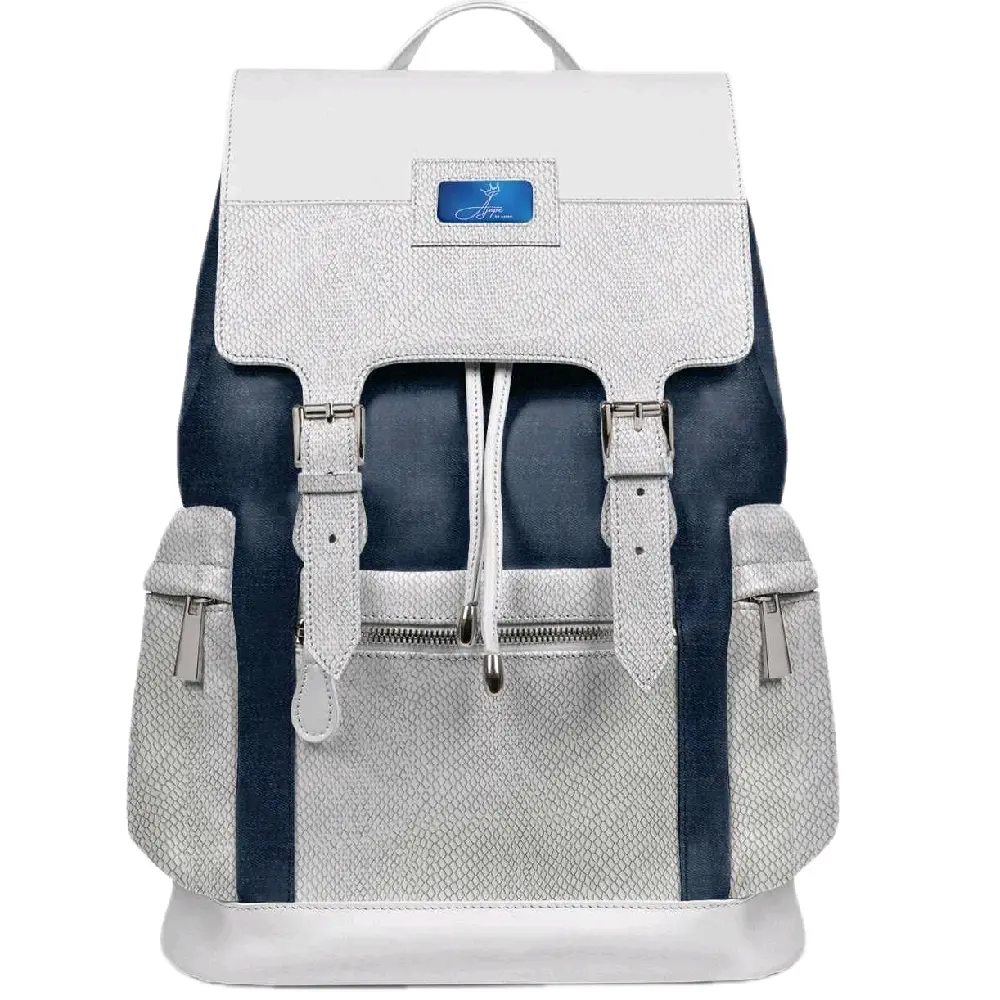 Vanguard Luxury Fashion Backpack White & Navy Blue Design with Front Pockets Adjustable Straps Python Embossed Leather Italian Crafted 14.56”H x 11.61”W x 5.90”D