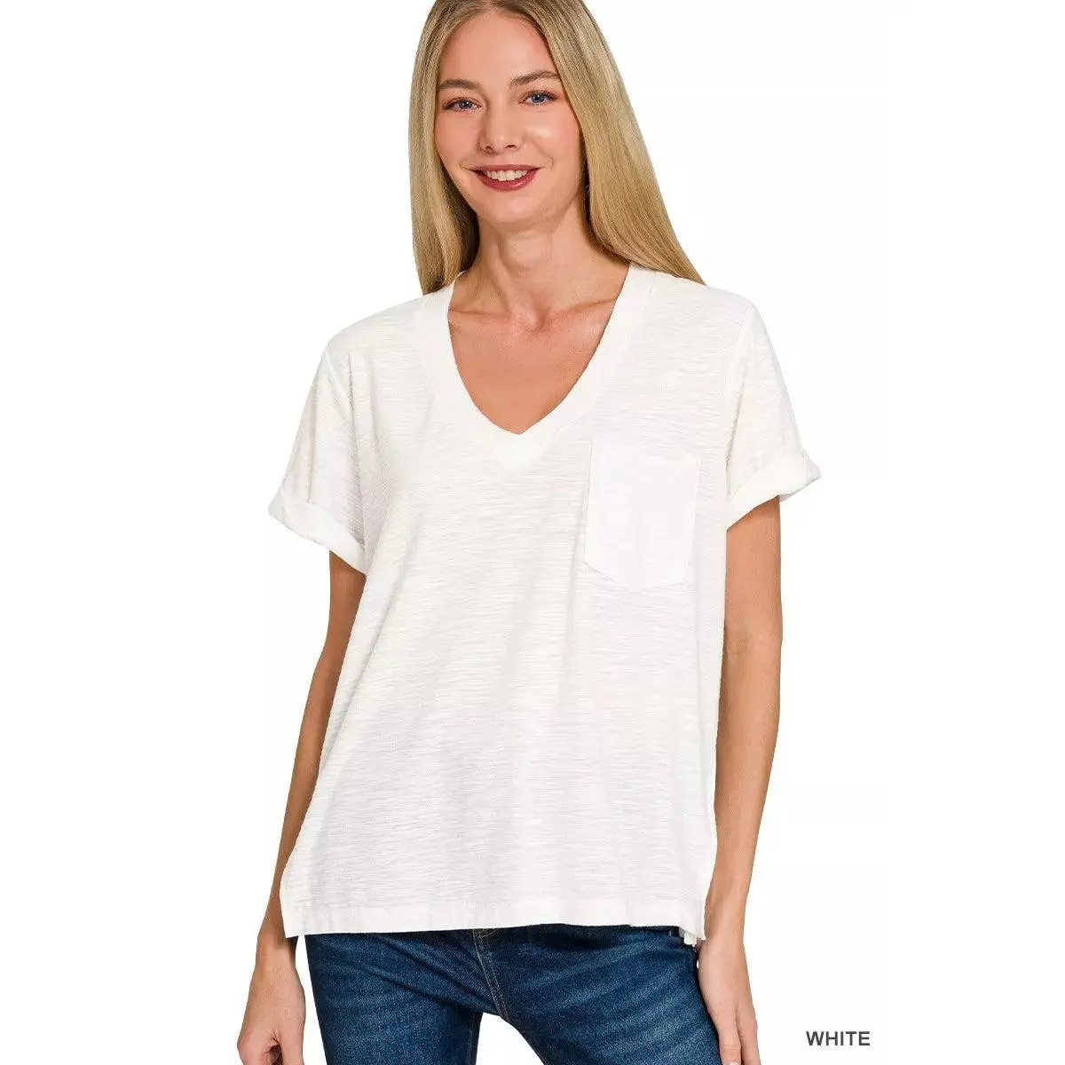 Zenana Slub Rolled Short Sleeve V-Neck Tee