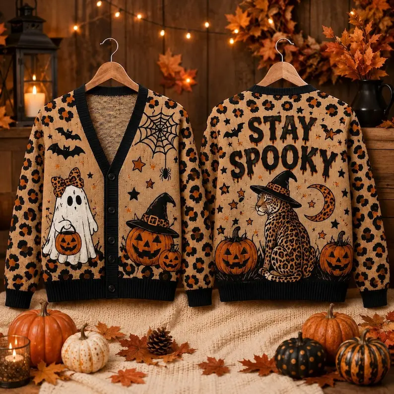 Halloween Leopard Ghost Cardigan, Stay Spooky Pumpkin Sweater, Women's Fall Knit, Cute Witch Cat Halloween Outfit