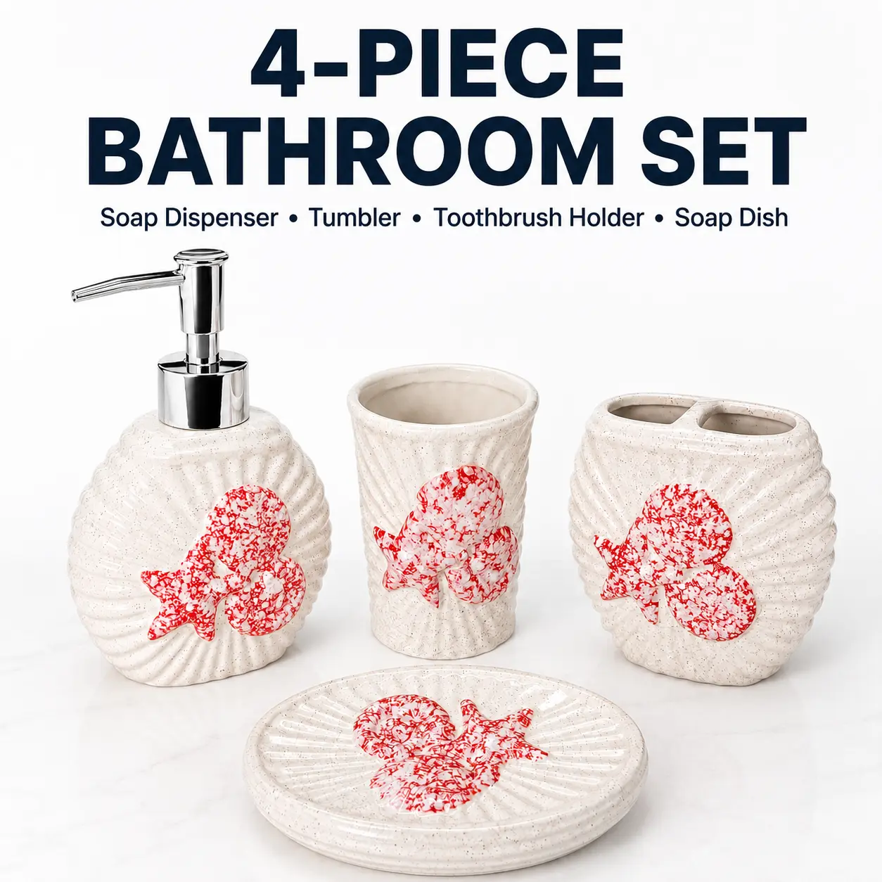 4-Piece Ocean Theme Ceramic Bathroom Decor Set | Beachy Nautical Art Coastal Accessories with Lotion Dispenser, Toothbrush Holder, Tumbler, Soap Dish, Pump