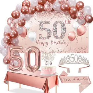50th Birthday Decorations Balloon Set for Women Rose Gold Arch Banner Party Tablecloth Belt Tiara Pink Gold Balloons Cake Top Latex Balloons 60 Pack Gifts