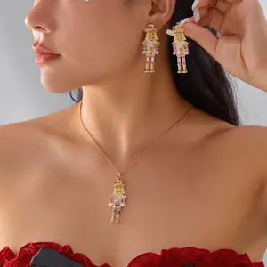 Nutcracker Pendant Necklace Earrings Set Cute Nutcracker Stud Earring Fashion Christmas Jewelry Set for Women
